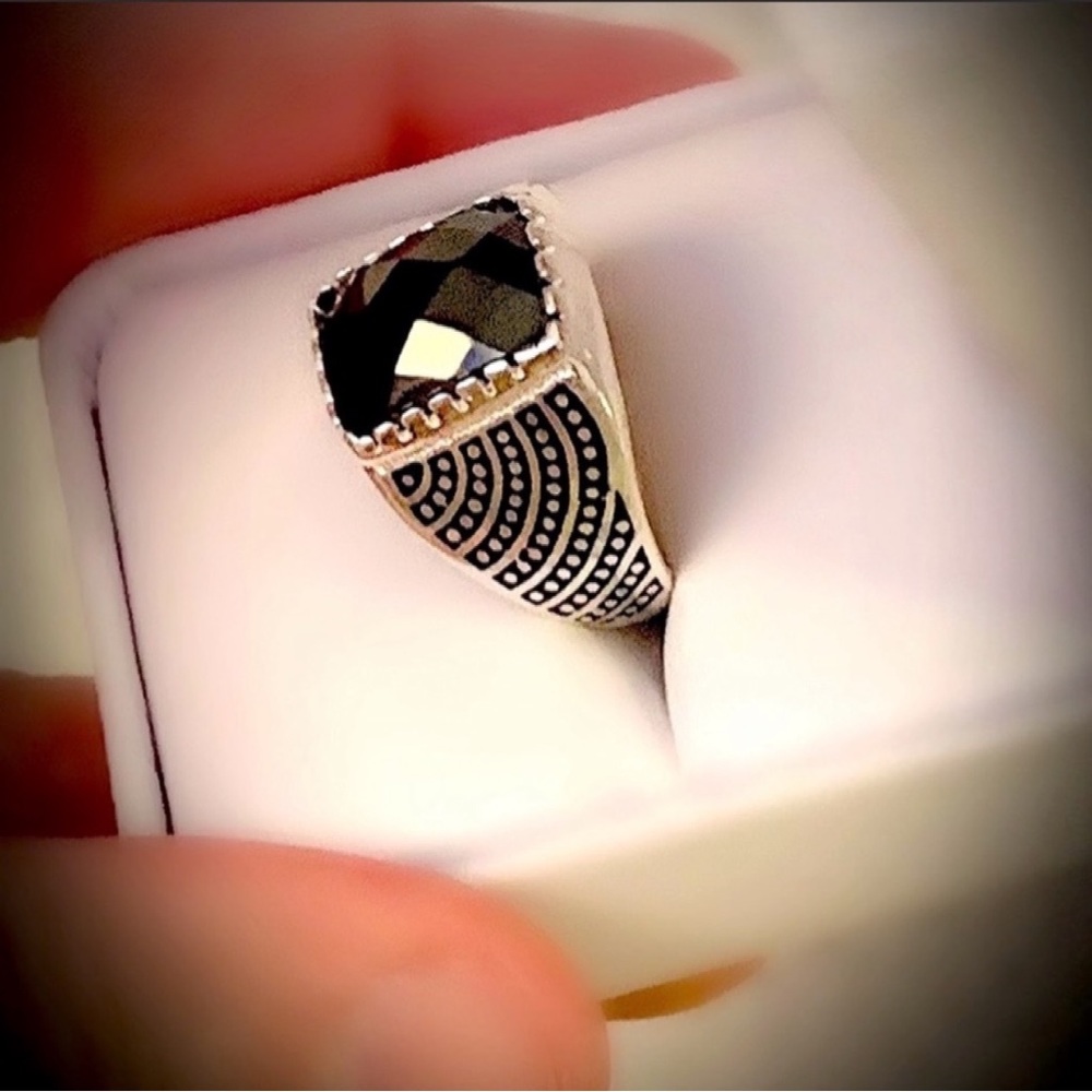 Men Sz 12 Solid 925 Sterling Silver Fine Art Ring Mystic Black Gold Hematite Gem